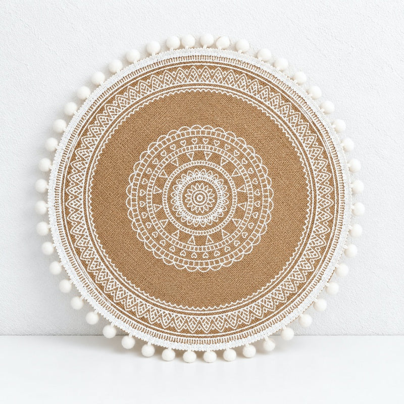 CouldNook Round Jute Placemat - Mandala Print and Decorative Trim
