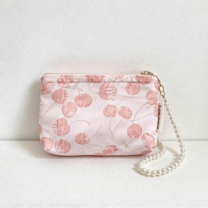 CouldNook Cherry Beaded Handle Pouch - Textured Motifs And Pearl-Look Loop