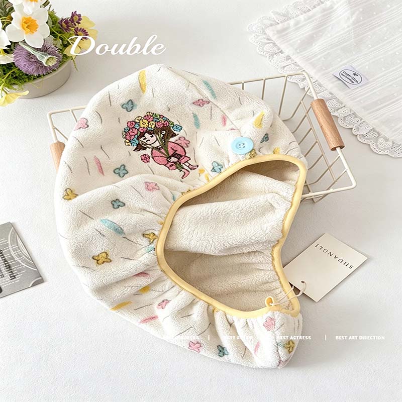 CouldNook Floral Hair Towel Wrap - Embroidered Button Fastening