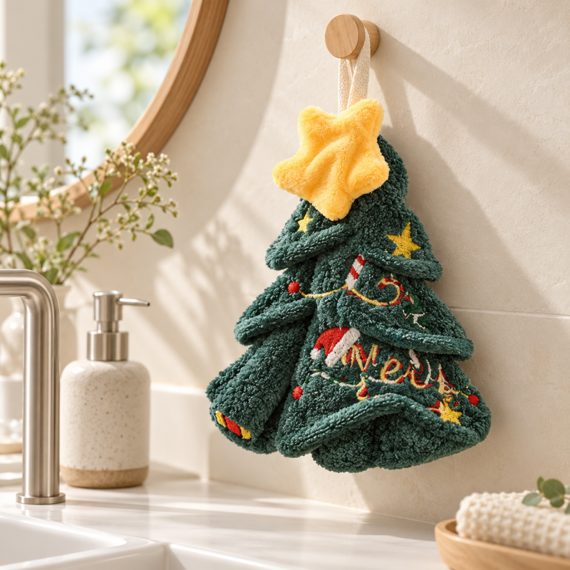 Christmas Tree Hand Towel with Dangling Boot Details