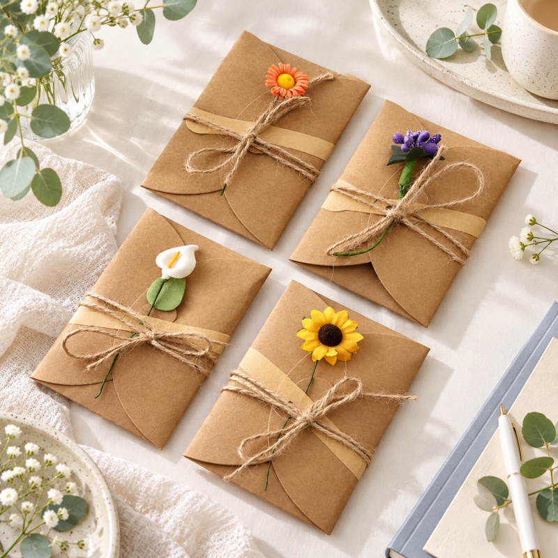 Flower Greeting Card - Kraft Folded Cover and Twine Bow