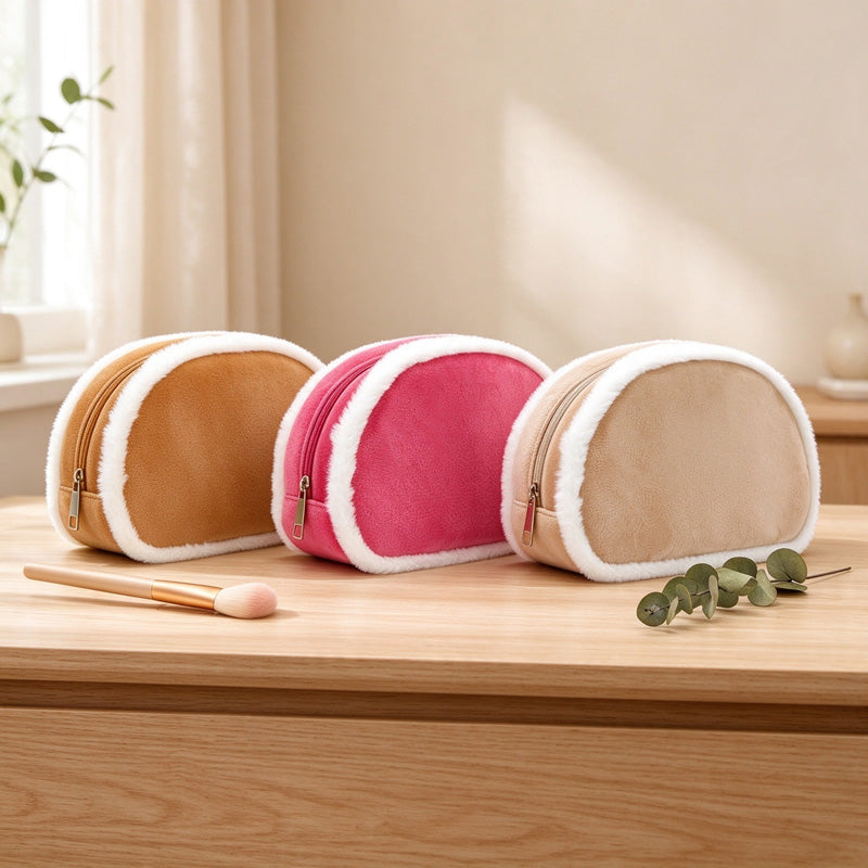 Plush-Trim Semicircle Cosmetic Bag