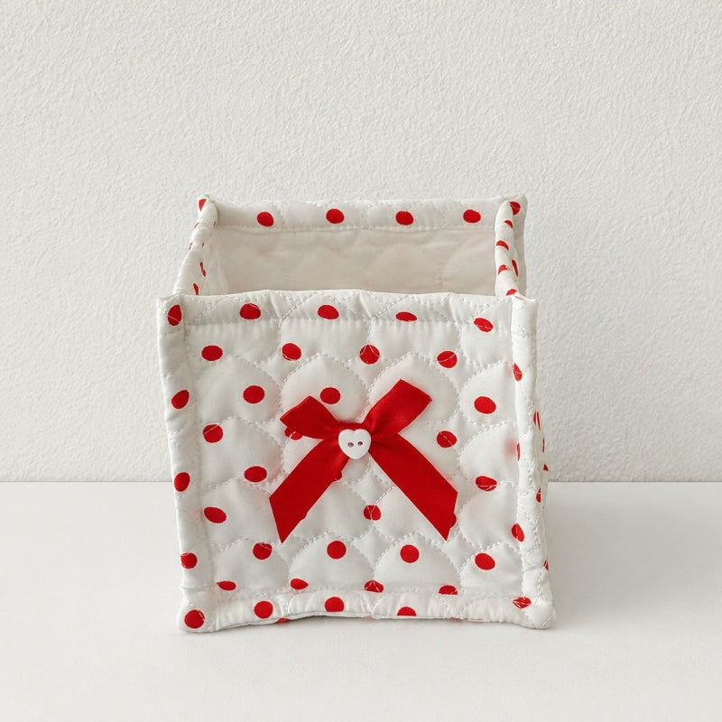 CouldNook Polka Dot Quilted Storage Bin Square Bow‑Decorated Desktop Organizer