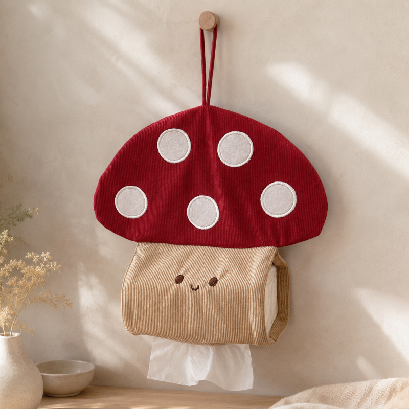 CouldNook Mushroom Corduroy Hanging Tissue Holder - Dispenser Opening