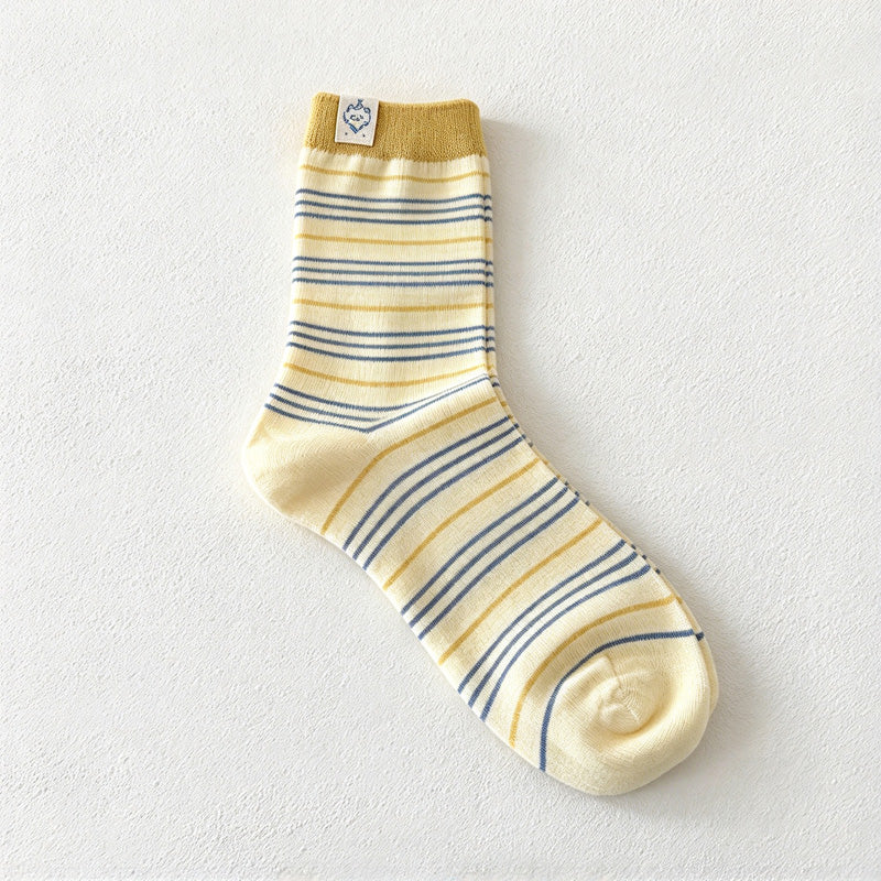 CouldNook Cat Label Striped Socks - Fine Bands And Contrasting Cuffs