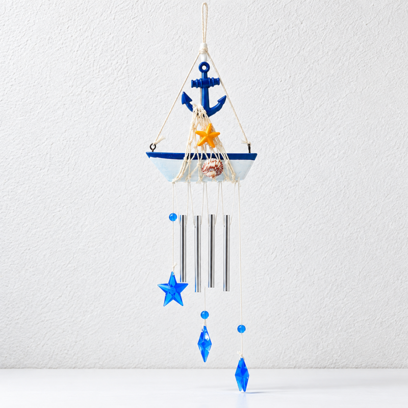 CouldNook Nautical Sailboat Wind Chime - Hanging Tubes And Blue Charms