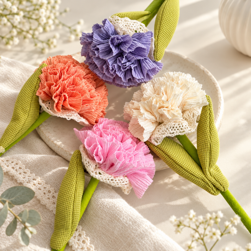 Artificial Carnation - Ruffled Petals and Paired Green Leaves