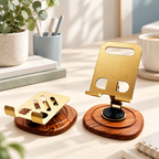 CouldNook Folding Phone Stand - Gold-Toned Support and Woodgrain Patterned Base