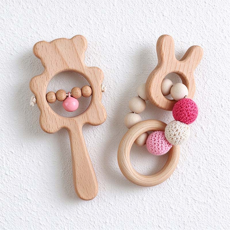 CouldNook Wooden Rattle - Animal Outlines and Crochet Bead Accents