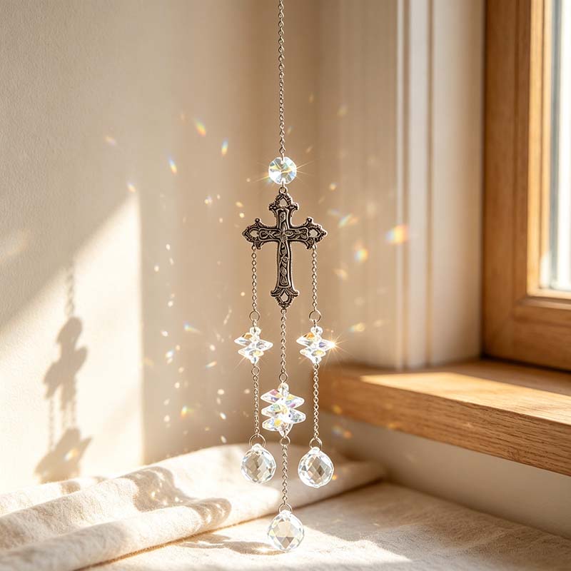 CouldNook Gothic Cross Suncatcher - Three Faceted Crystal Drop Strands