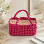 CouldNook Gingham Quilted Storage Basket‑French Style Bow‑Decorated Handheld Organizer