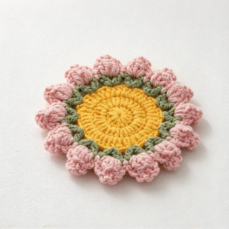 CouldNook Flower Coaster - Crocheted Yellow Center and Raised Bud Border