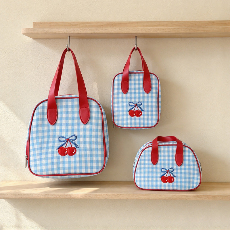 CouldNook Blue Gingham Makeup Bag - Contrast Trim And Cherry Decoration