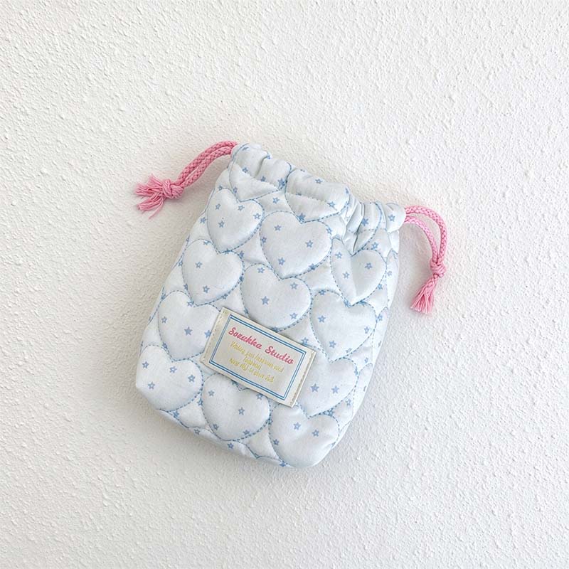 CouldNook Quilted Drawstring Pouch - Heart Stitching And Pastel Star Print