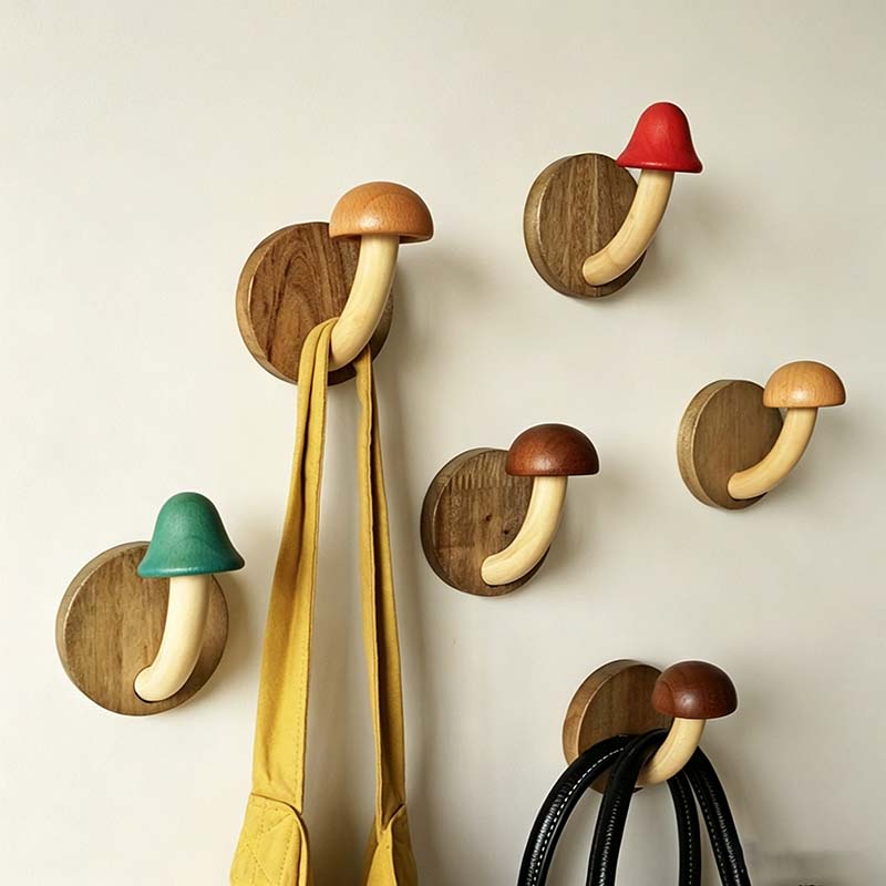 CouldNook Wood Mushroom Wall Hook - Adhesive Screw Options