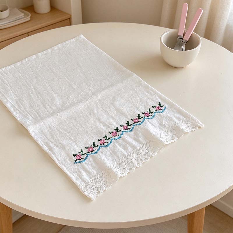 Floral Embroidered Table Cloth with Lace Edge