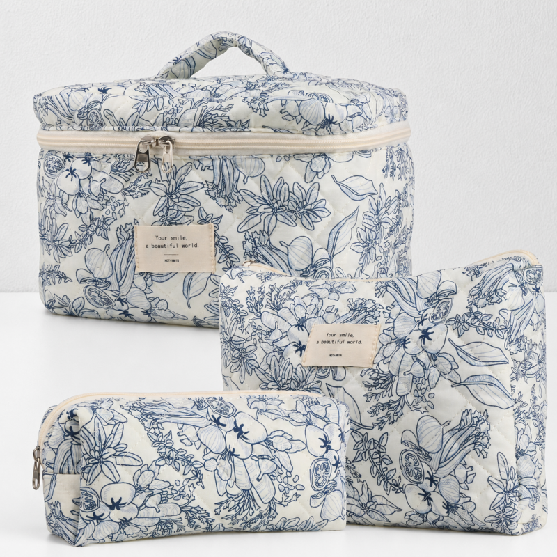 CouldNook Three Piece Quilted Cosmetic Bag Set - Floral Travel Organizers
