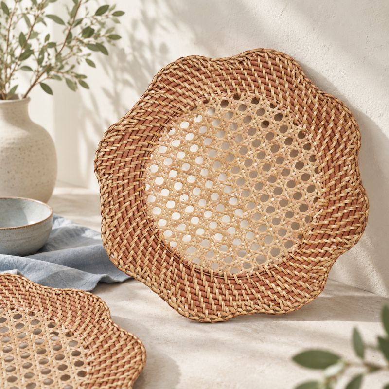 CouldNook Scalloped Rattan Tray - Open Lattice Center And Woven Rim
