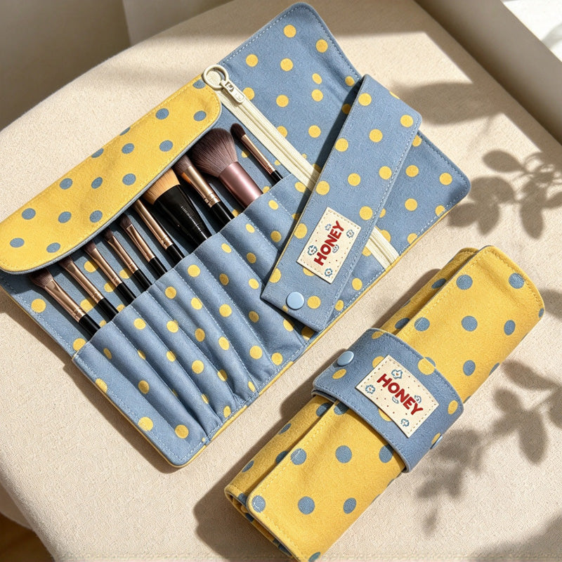 CouldNook Polka Dot Brush Roll - Individual Slots And Zippered Pocket
