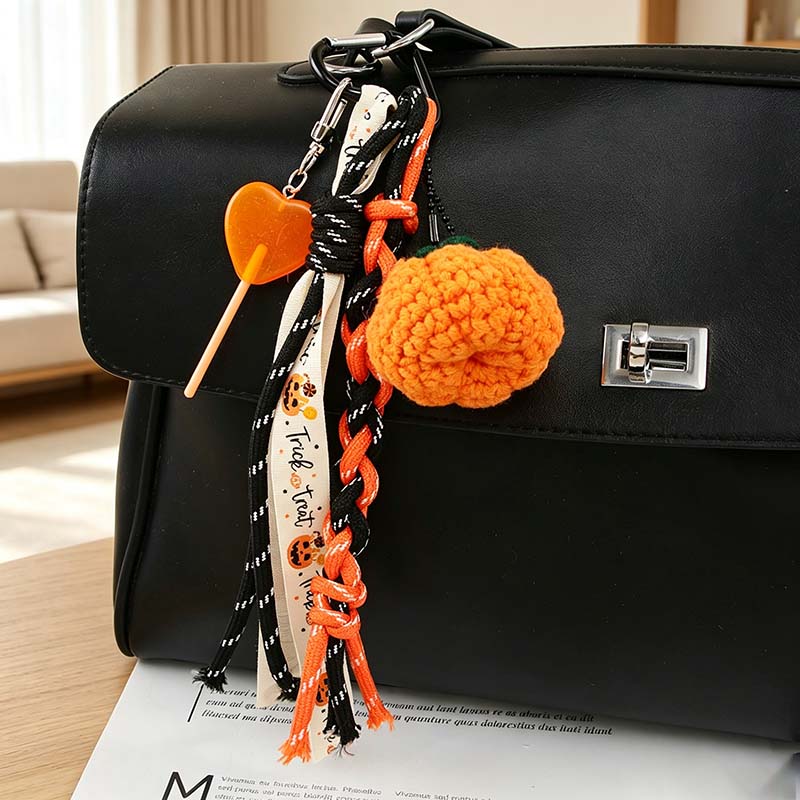 CouldNook Yarn Pumpkin Bag Charm - Braided Cord and Printed Ribbon