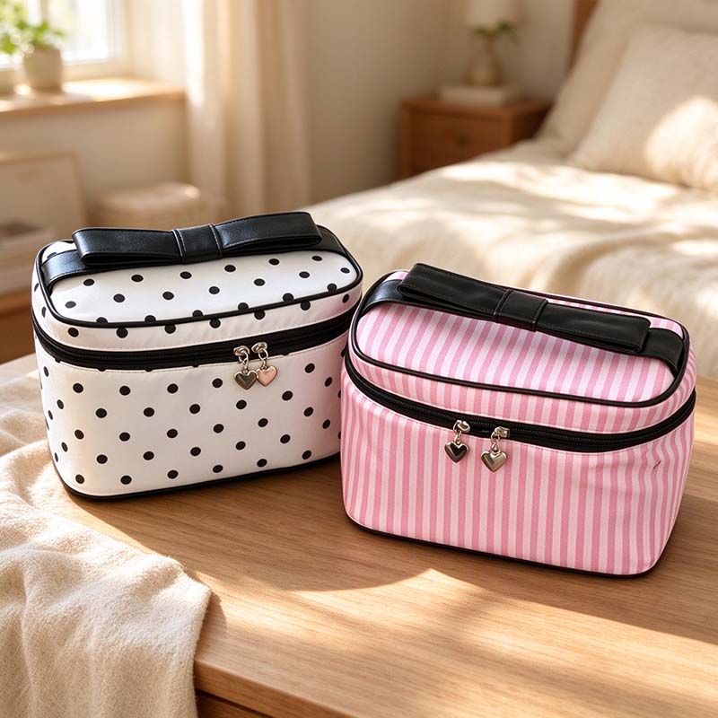 Bow Handle Cosmetic Bag - Heart Pulls and Patterned Body