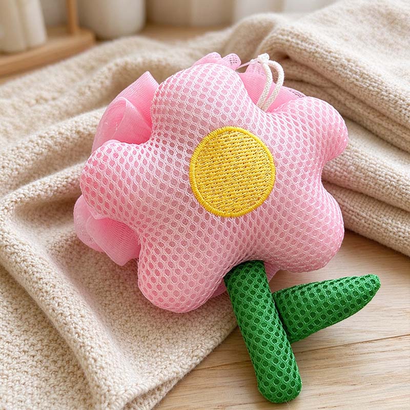 CouldNook Flower Bath Pouf - Pink Petals and Green Stem Detail