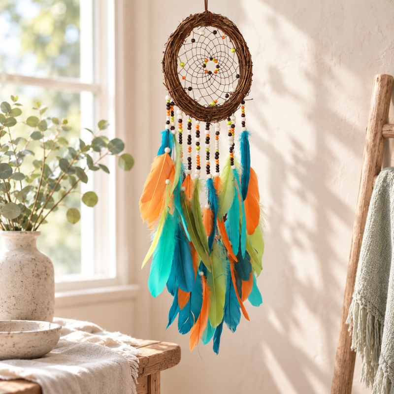 CouldNook Colorful Feather Dreamcatcher - Vine Hoop And Layered Beaded Strands
