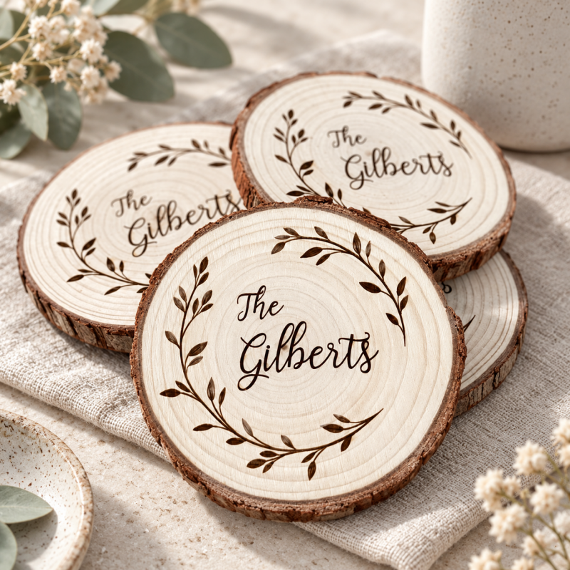 CouldNook Wood Slice Coaster - Personalized Wreath Name Design
