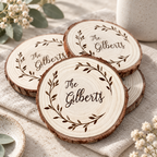 CouldNook Wood Slice Coaster - Personalized Wreath Name Design