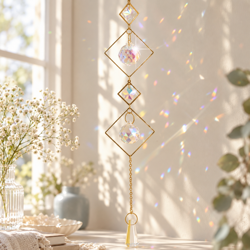 CouldNook Diamond Frame Suncatcher - Open Gold-Toned Shapes and Suspended Faceted Drops