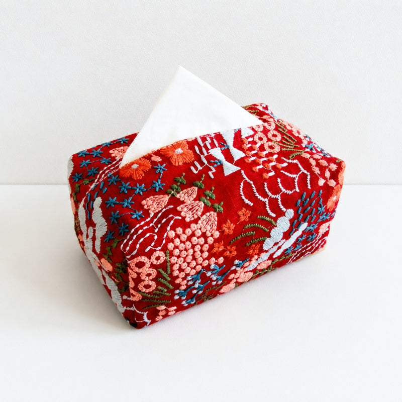 CouldNook Floral Embroidered Cotton Linen Tissue Holder - Top Opening