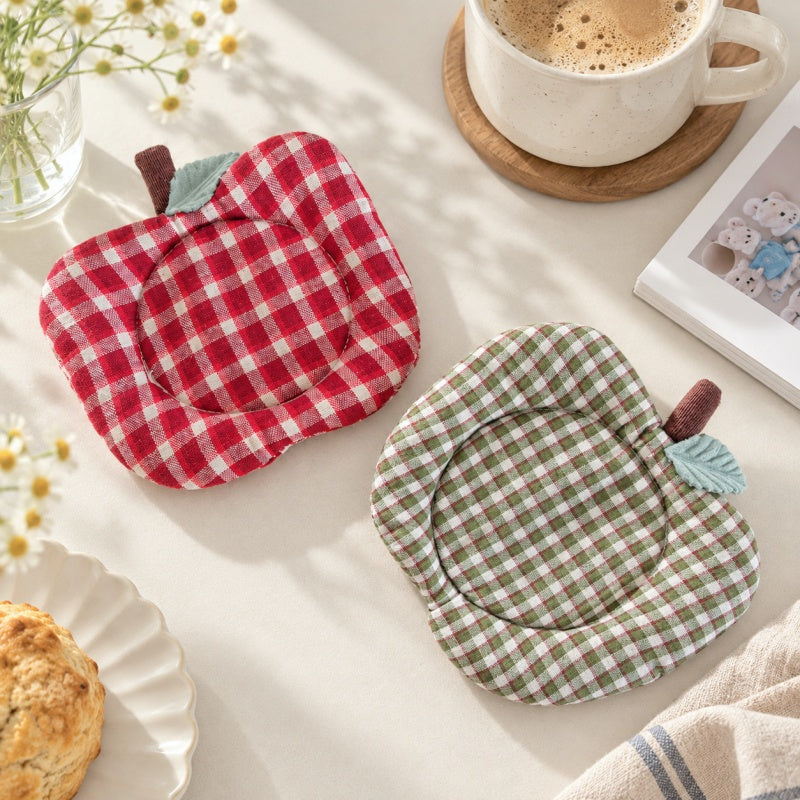 CouldNook Apple Fabric Coaster - Gingham Pattern and Leaf Detail