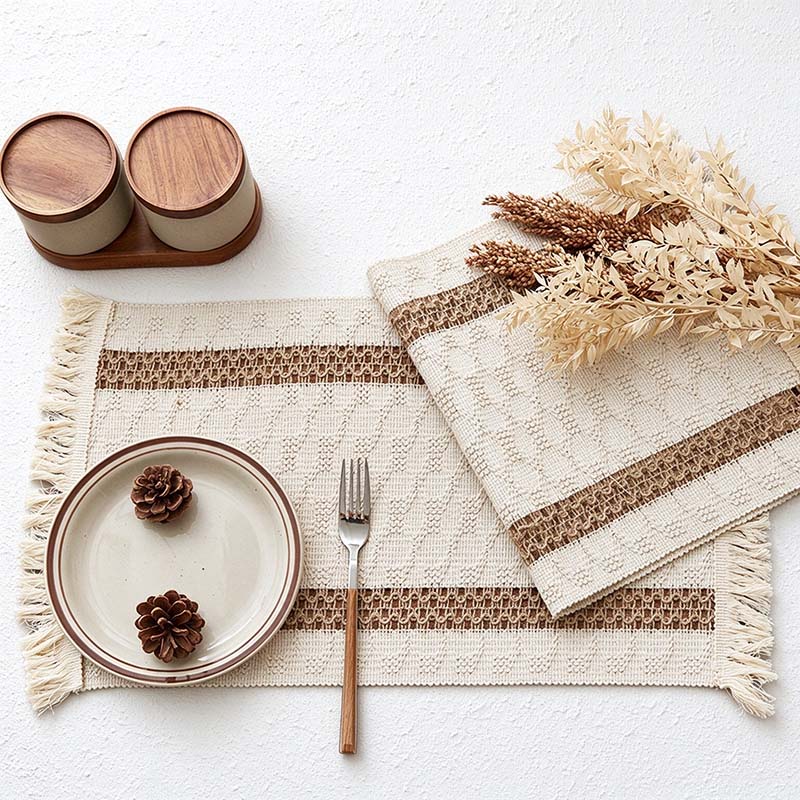 Fringed Woven Placemat with Stripes and Diamond Patterns