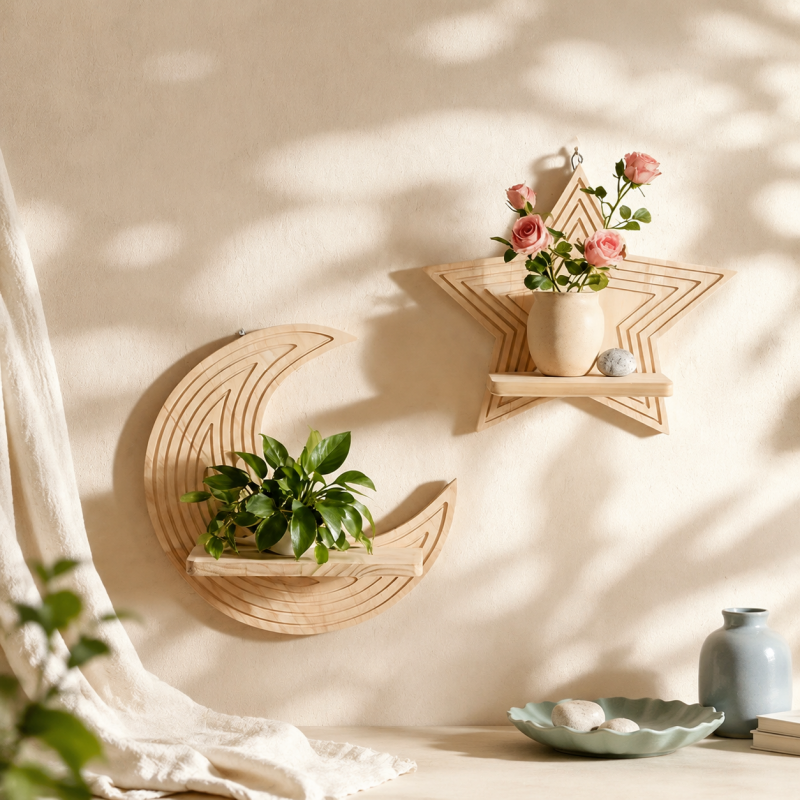 CouldNook Wooden Wall Planter Shelf - Moon and Star Shapes