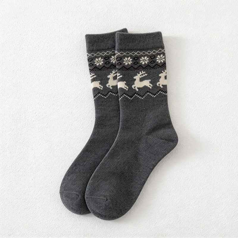 CouldNook Reindeer Pattern Crew Socks - Snowflake Bands And Heathered Body