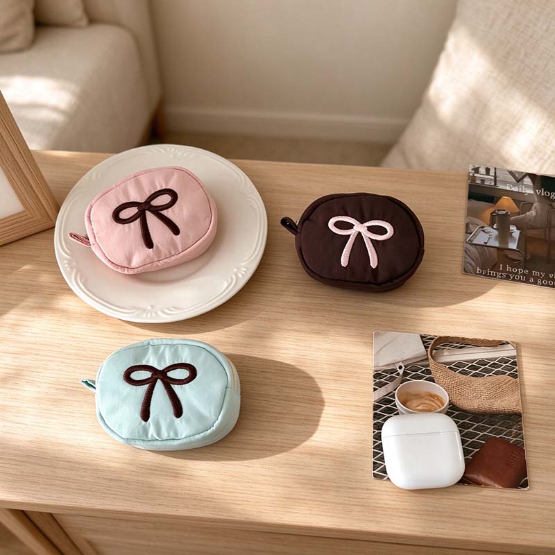 Bow Coin Pouch - Embroidered Motif and Rounded Corners