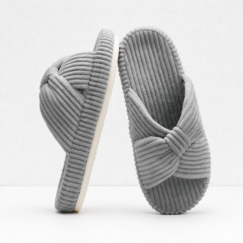 CouldNook Bow Cross Strap Slipper - Corduroy Open Toe Design