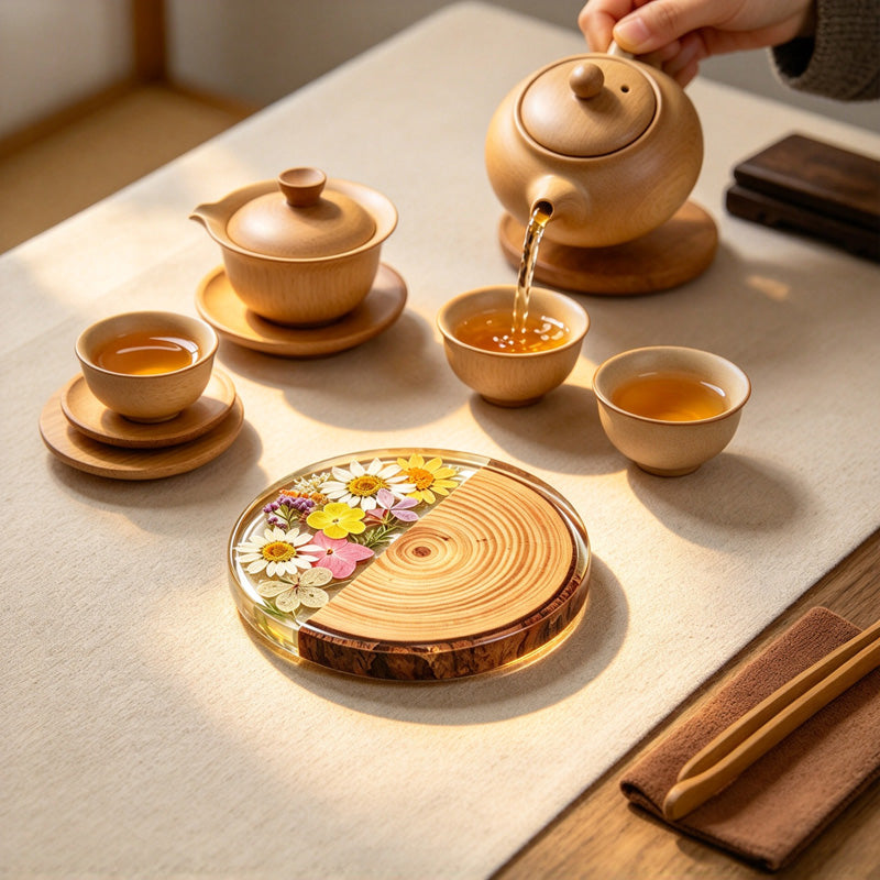 CouldNook Round Floral Coaster - Wood Grain and Clear Resin Section