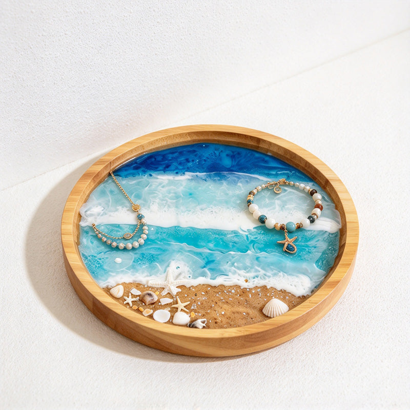 CouldNook Round Ocean Decorative Tray - Wave Pattern and Raised Rim