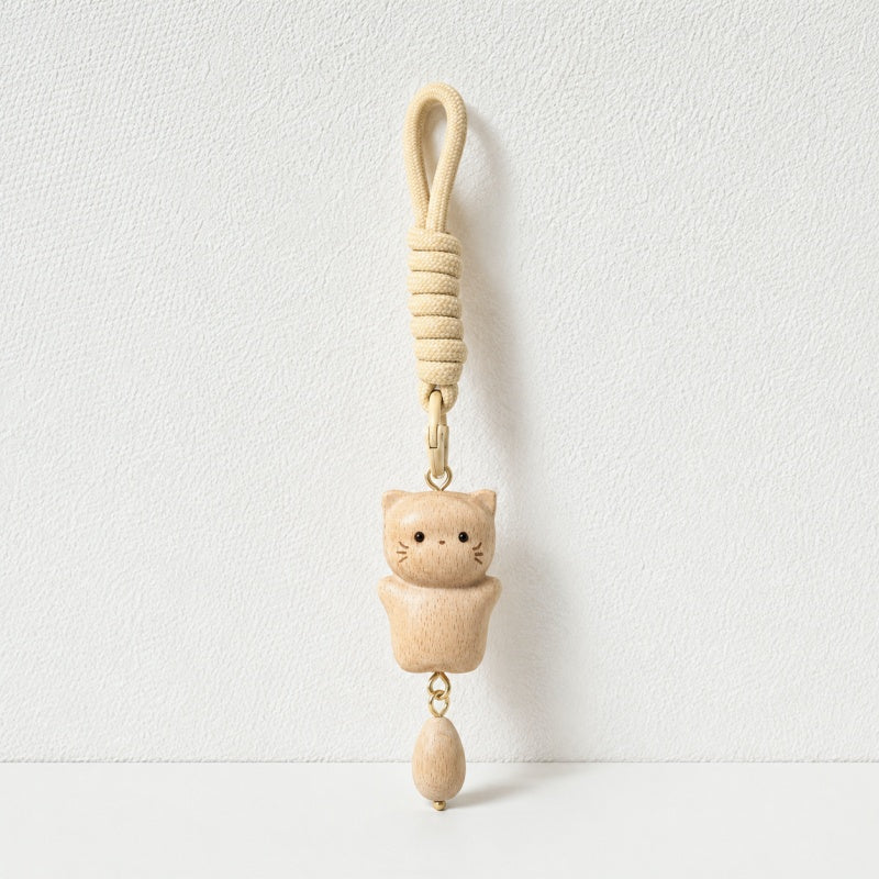 CouldNook Fake Wooden Cat Keychain - Boho Tassel Pendant