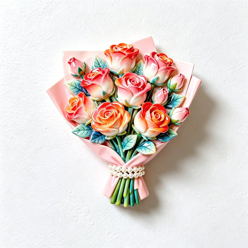 CouldNook Rose Bouquet Fridge Magnet - Layered Blooms and Wrapped Floral Shape