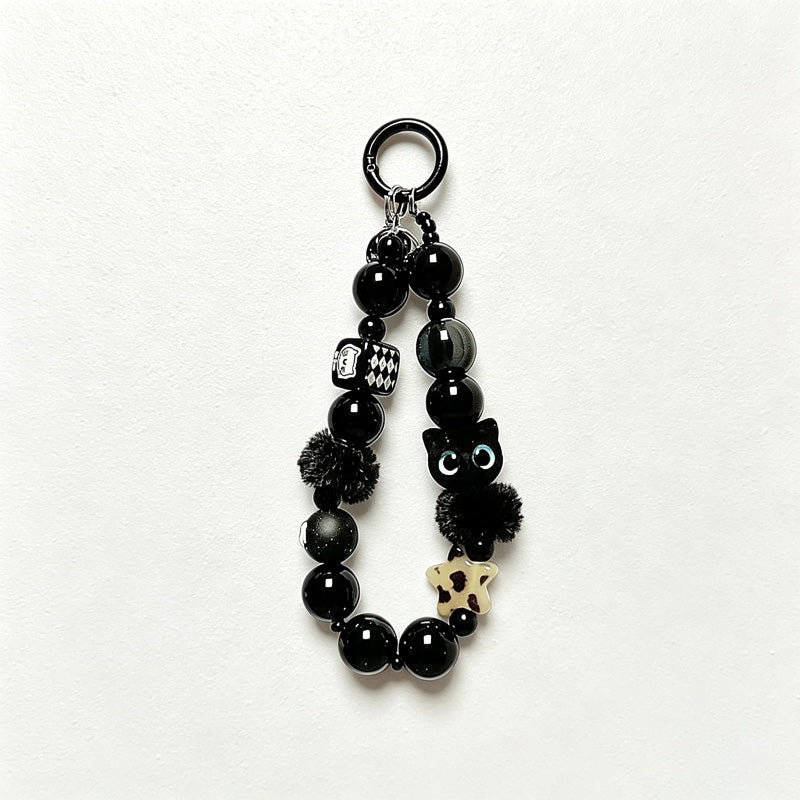CloudNook Beaded Phone Wrist Strap-Black Plush Cat Charms
