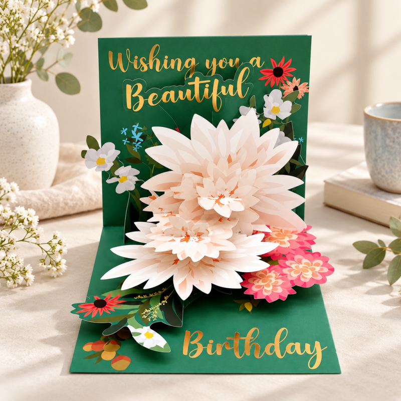 CouldNook Floral Pop-Up Greeting Card - Pale Layered Blooms and Gold-Toned Lettering