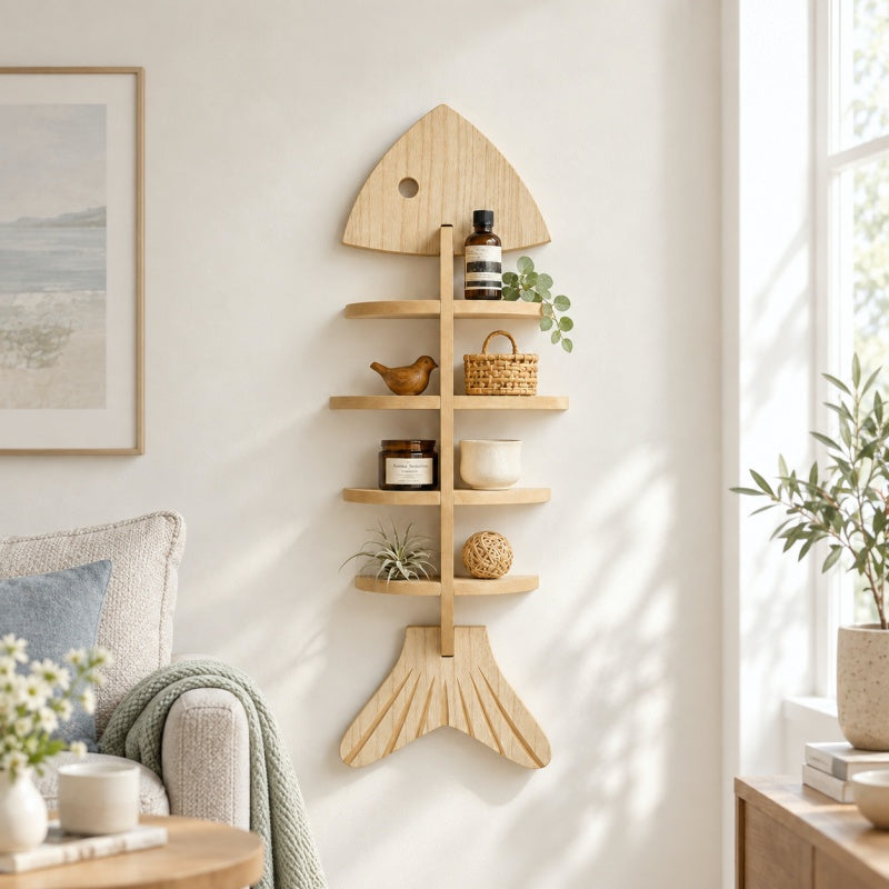 CouldNook Fish Wall Shelf - Open Sections and Coastal Outline