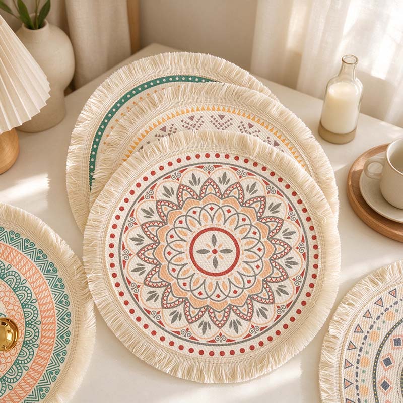 CouldNook Mandala Fringed Table Mat - Round Print