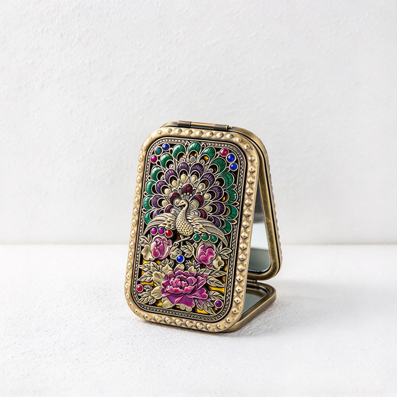 CouldNook Decorative Folding Pocket Mirror - Raised Peacock Motifs And Metal Frame