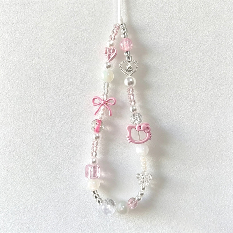 CloudNook Beaded Phone Wrist Strap-Pink Cat Bow Charms