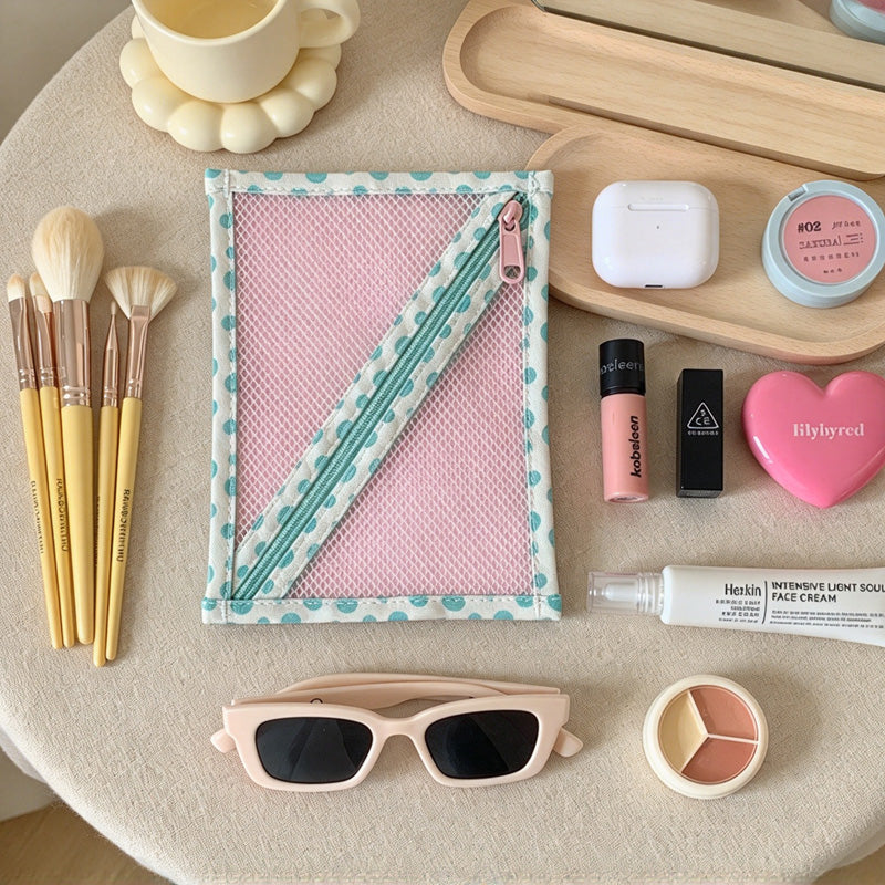 CouldNook Pink Mesh Storage Pouch - Diagonal Teal Zipper And Dotted Edges