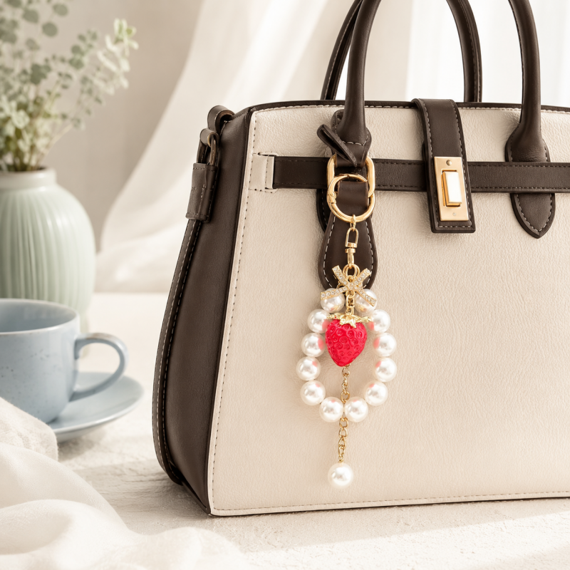 CouldNook Pearl Strawberry Keychain - Bowknot Bag Pendant