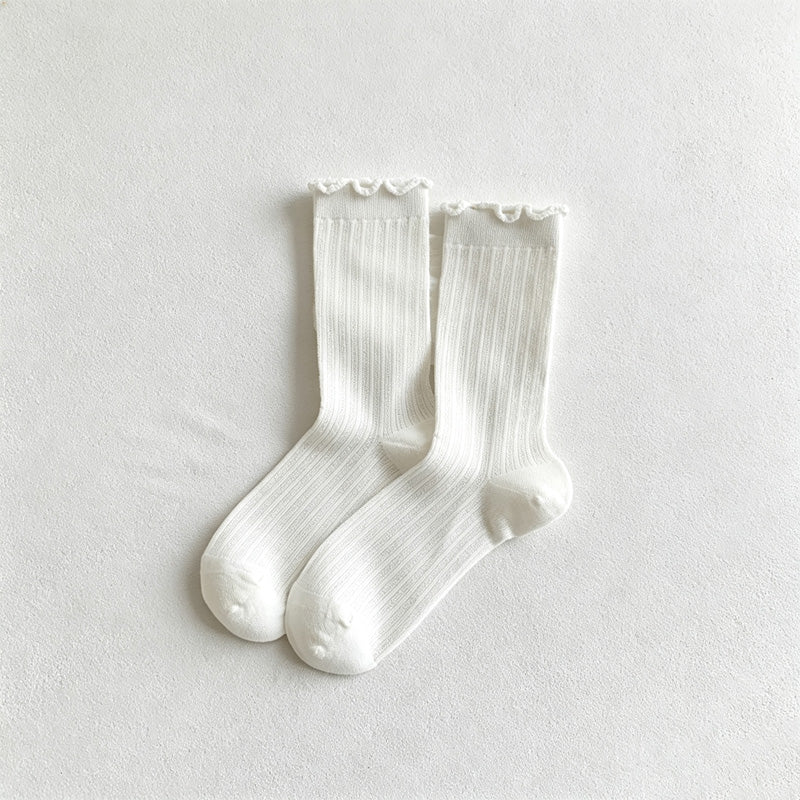 CouldNook Ruffled Ribbed Crew Socks-Ruffled Cuff Edge